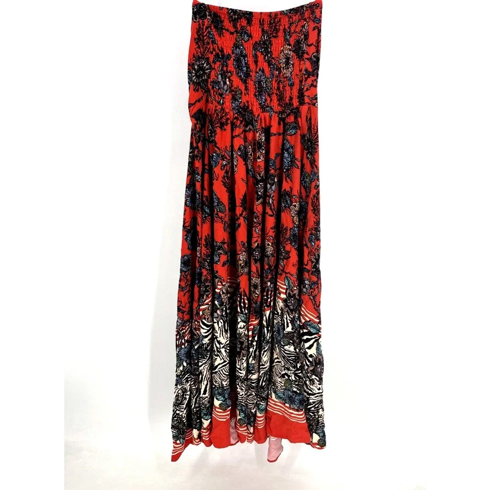 Free People Mila Strapless Floral Animal Print Maxi Dress Size 10 Boho Red
